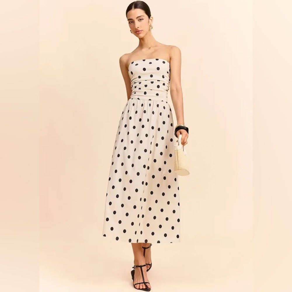 Commense Strapless Polka Dot Ruched Midi Dress NWT